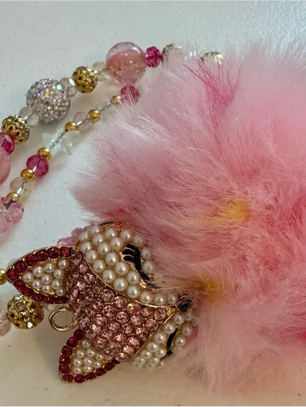 New Pink Pom-Pearl Fox  Phone Charm with Crystal Accents